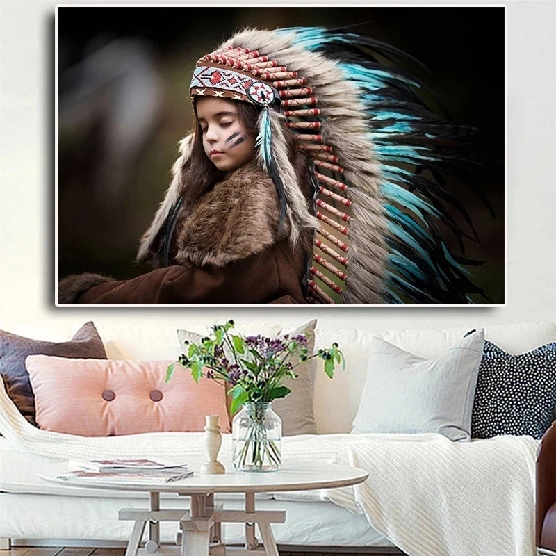 

Native Indian Feather Kids Portrait Canvas Posters and Prints Scandinavian Wall Art Picture for Living Room Cuadros