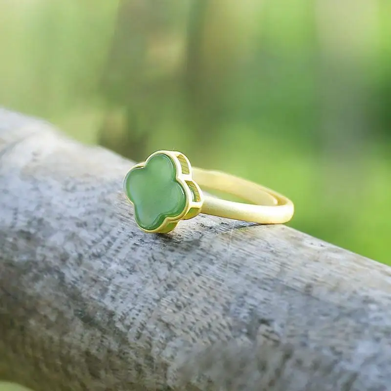 

Small Lucky Natural Hetian Jade Green Jade Ring S925 Sterling Silver Clover Artistic Style Adjustable Mouth Female Ring