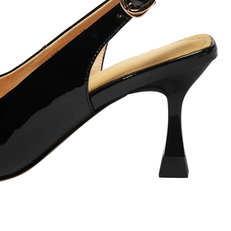 

Summer Shoes Women Sandals Patent Leather Pointed Toe Metal Buckle High Heels 7CM Party Shoes Black Apricot Back Strap