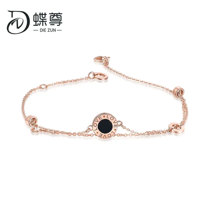 18K золотой браслет черный агат инкрустированные с любовными буквами розовое