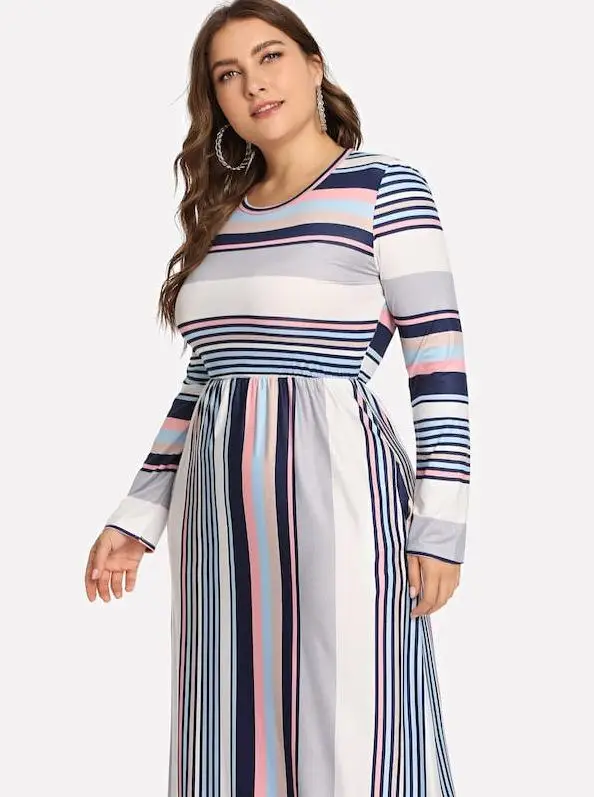 

2xl-5xl striped big size long dress casual plus size autumn winter women dress long sleeve elegant maxi dress large vestidos