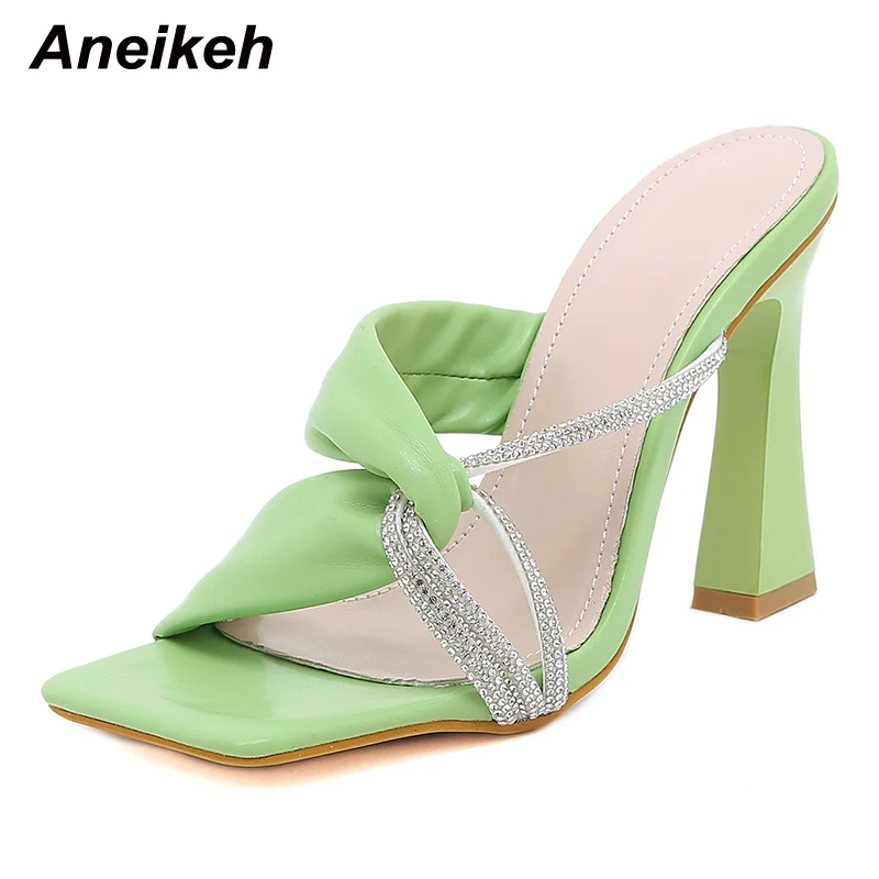 

Aneikeh 2022 Women's Shoes Summer Pleated Squared Toe Thin Heels Slippers NEW Concise Shallow Sexy Party Solid Green Size 35-41