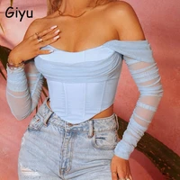 giyu sexy club party blouses women 2021 summer autumn mesh shirts off shoulder backless zipper corset crop tops blusas femme