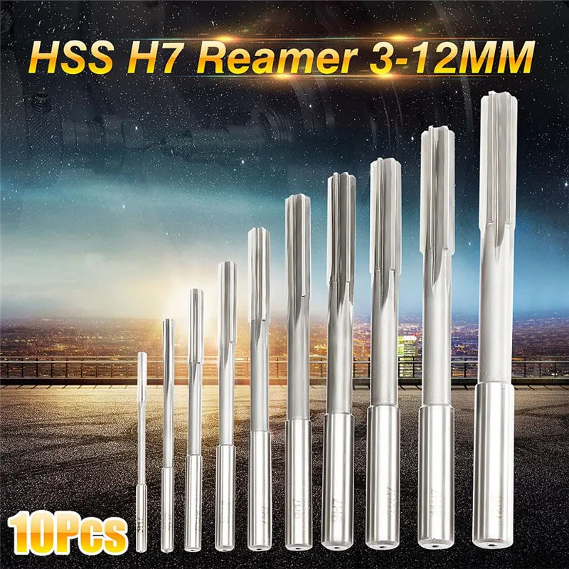 

10pcs Machine Reamer HSS H7 Straight Shank Chucking Reamer Milling Cutter Woodworking Tool 3/4/5/6/7/8/9/10/11/12 mm Reamer Set