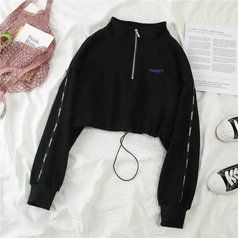 

Women Zipper Autumn Black Solid Hoodie Y2K Crop Tops Long Sleeve Sweatshirt Cool Loose Pullover High Street Hoodie Females