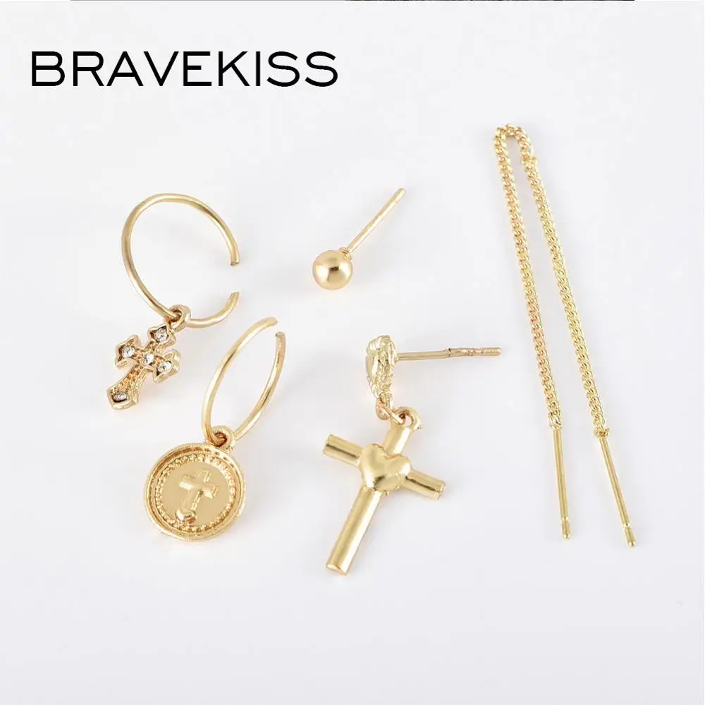 BRAVEKISS Винтажный Золотой Крест Длинная цепочка монета капля Комплект сережек для
