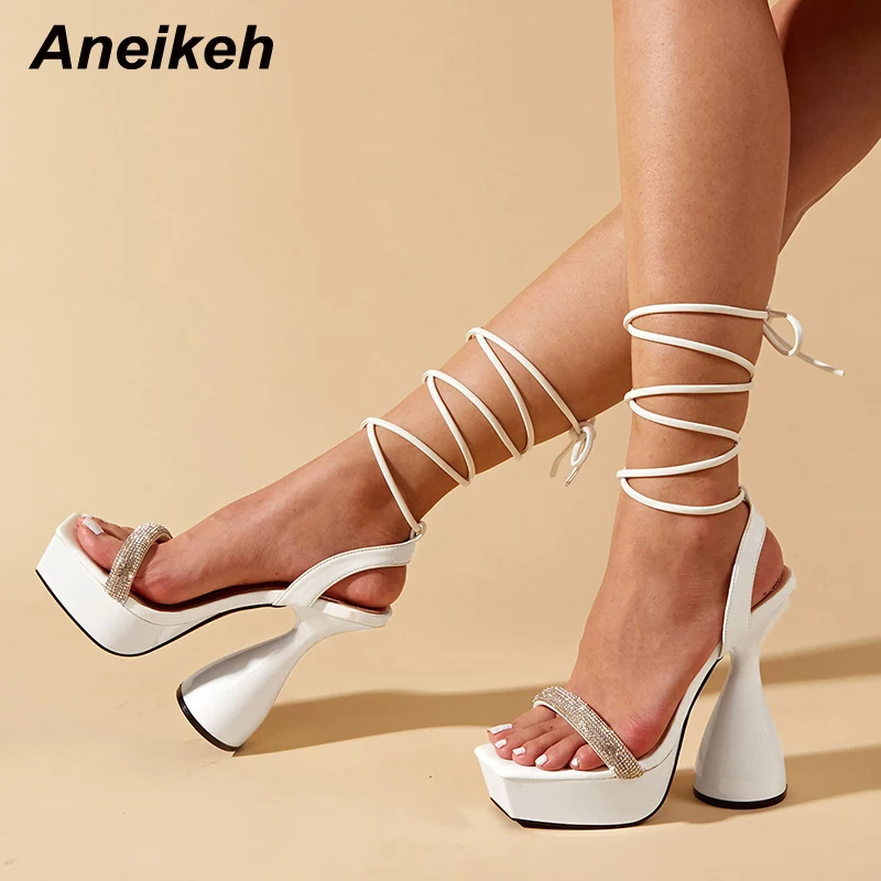 

Aneikeh 2022 Women Shoes Elastic Band GLADIATOR Bling Fashion Ankle-Wrap Thin Heels Solid Patent Leather Party White Size 36-41