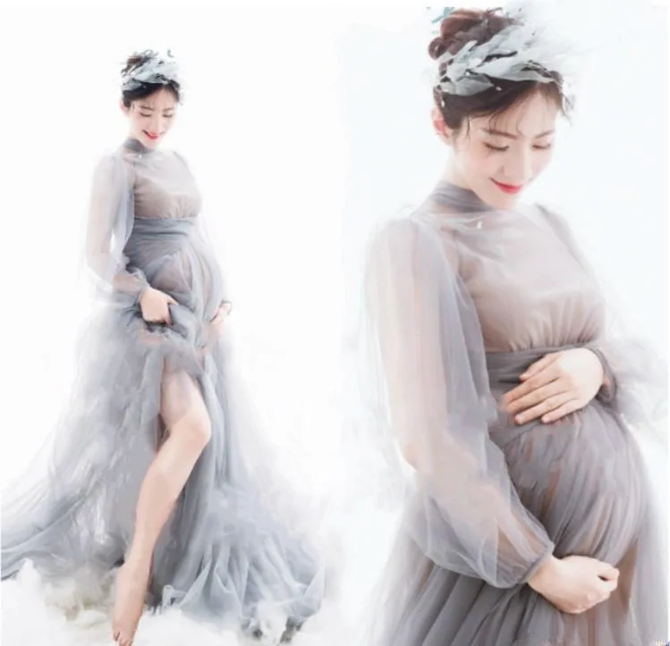 

Sexy Long Maternity Photography Props Dresses Tulle Perspective Pregnancy Dress Mesh Maxi Gown For Pregnant Women Photo Shooting