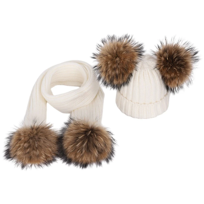 

2pcs Women Men Slouchy Beanie Hat Long Scarf Set Winter Warm Fake Ball Dual Pom Pom Neck Scarves H9ED