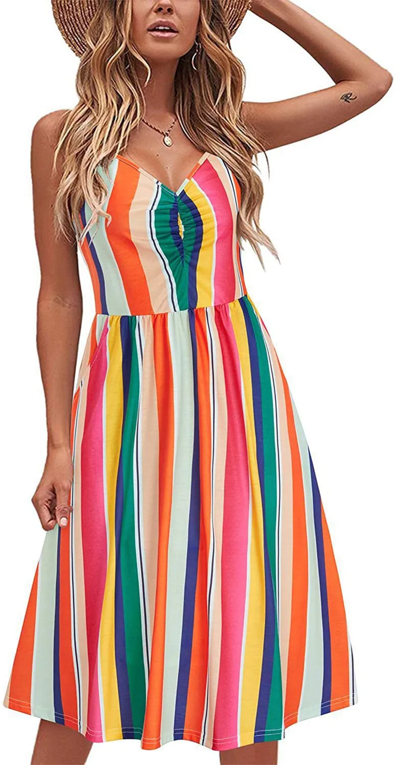 

Nieuwe Zomer Vrouwen Boho Strand Jurk Vintage Casual Mouwloze Bloemenprint Jurk Sexy V-hals Midi A-lijn Jurk Vestidos Robe Femme