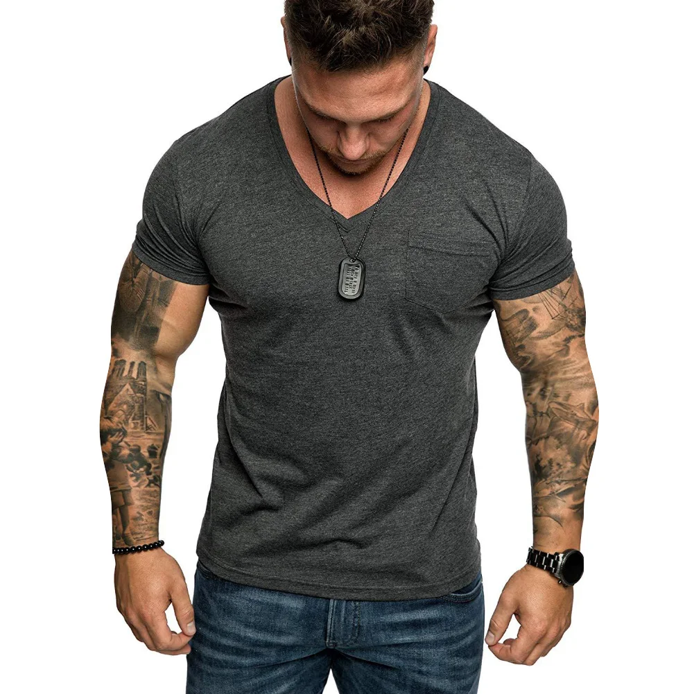 Мужские футболки лето 2020 повседневная мужская Однотонная футболка с коротким рукавом и V образным вырезом