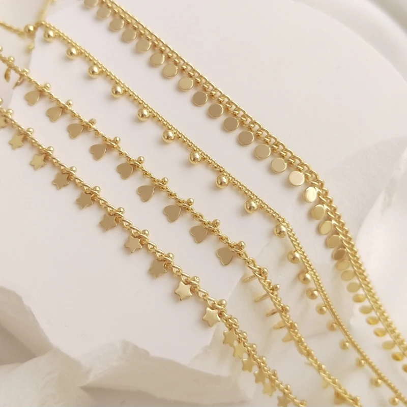 Cadena de cuentas chapada en oro de 14K para mujer, abalorios de corazón y Estrella, cadena de eslabones de Cable satélite, collar, pulsera, fabricación de joyas