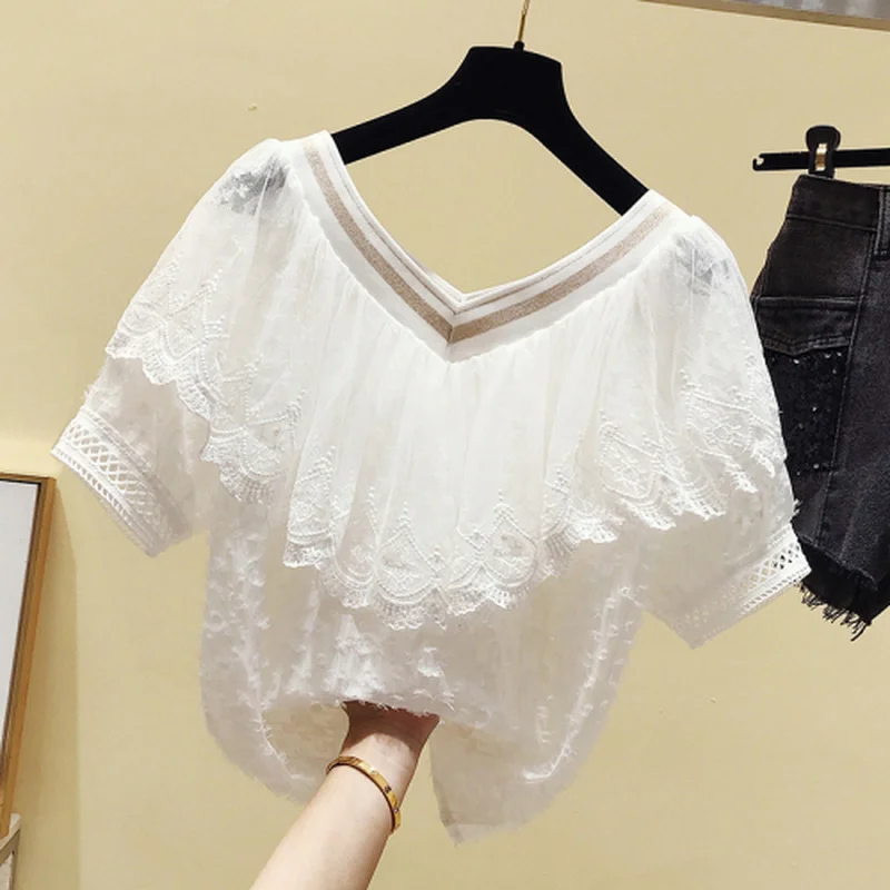 

2021 Summer Lace Blouse Women New Short Sleeve Ruffle Stitching Chiffon Shirt V-neck Slim Sweet Solid Korean Chic Tassel Tops