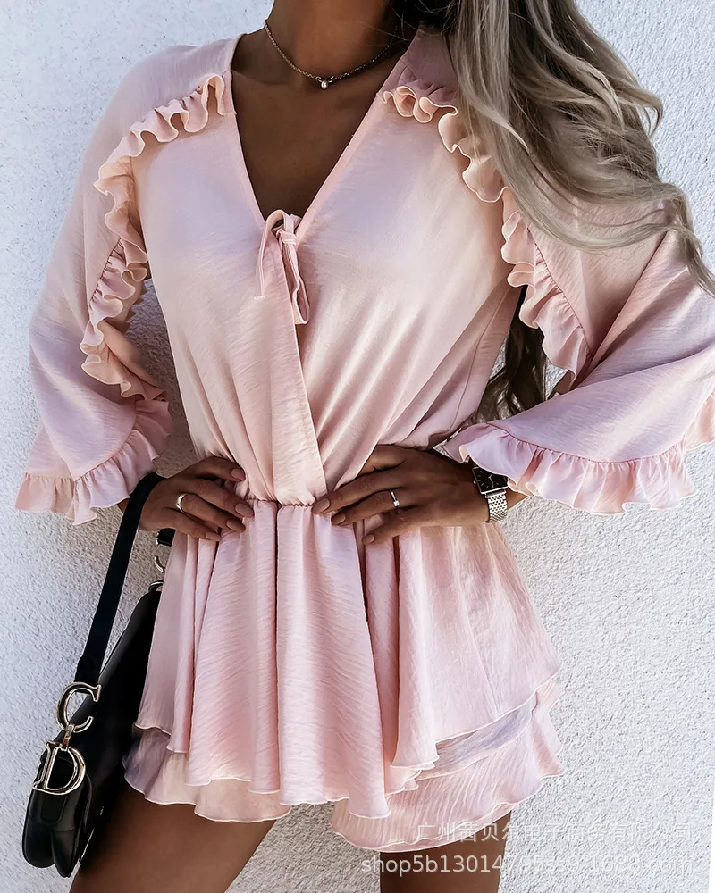 

Playsuits Women 2021 New Wood Ear Edge Stitched V-neck Waist One-piece Pants