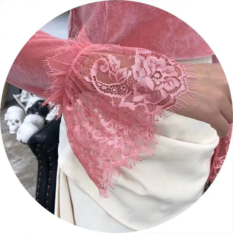 Весенне-осенняя Женская Вельветовая блузка с длинным рукавом и бантом кружевная