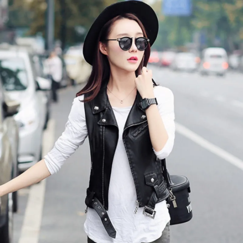 Top Quality Punk Pu Leather Jacket Women Waistcoat Slim Fit Belted Casaco Feminino Motorcycle Biker Zipper Colete Plus SZ | Женская