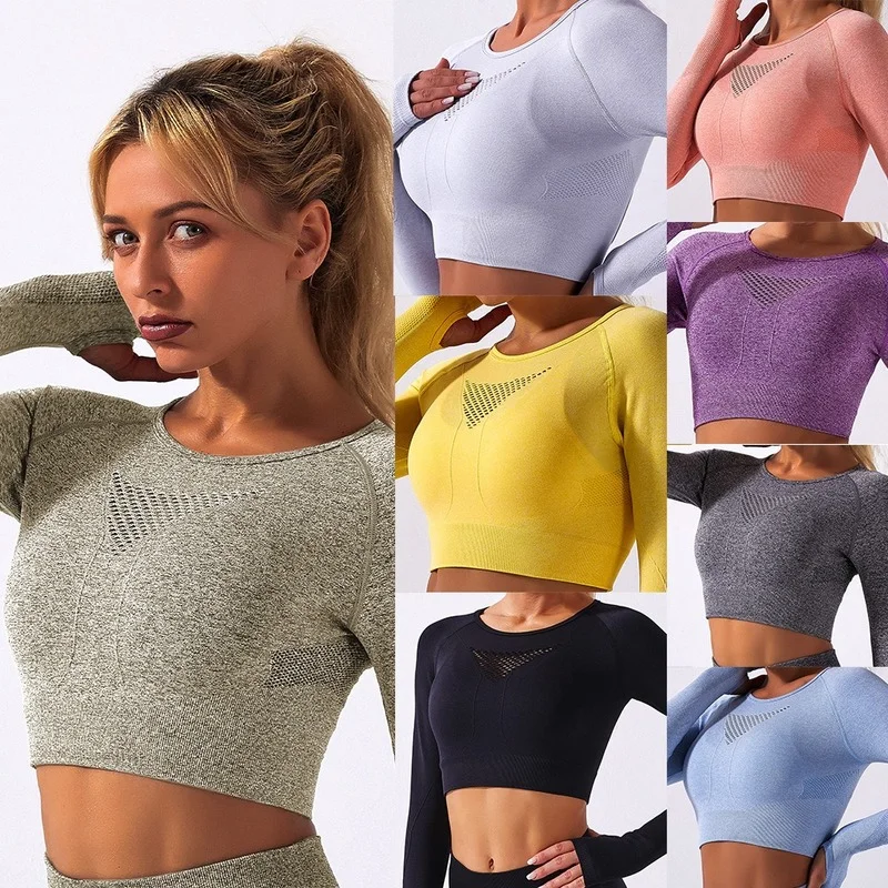 

2021 New Seamless Sports Tops Gym Women Fitness T Shirt Woman Long Sleeve Yoga Top Mesh Womens Gym Tops Sport Wear Women