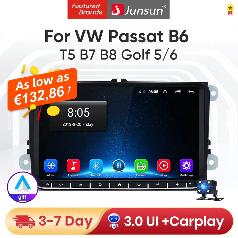 Junsun V1 Android 10 2din Авторадио автомобильный экран для VW passat b6 t5 b7 b8 Golf 5 6 caddy POLO T5