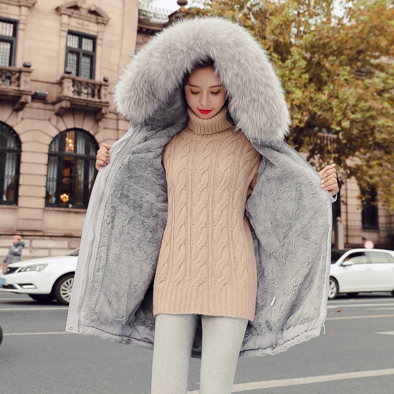 

Winter Coat Women Big Fur Collar Filled Cotton Warm Mid-Length Parka Women 2019 Pocket Zipper Fashion Temperament Jacket Women