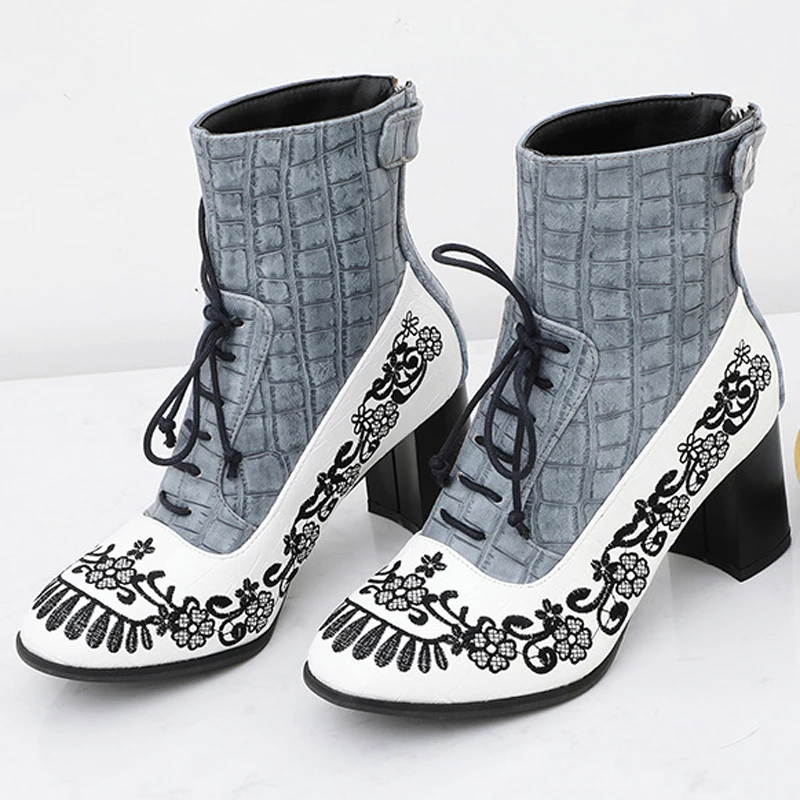 Осень зима сапоги женские ботильоны с вышитыми цветами Плотные туфли лодочки на