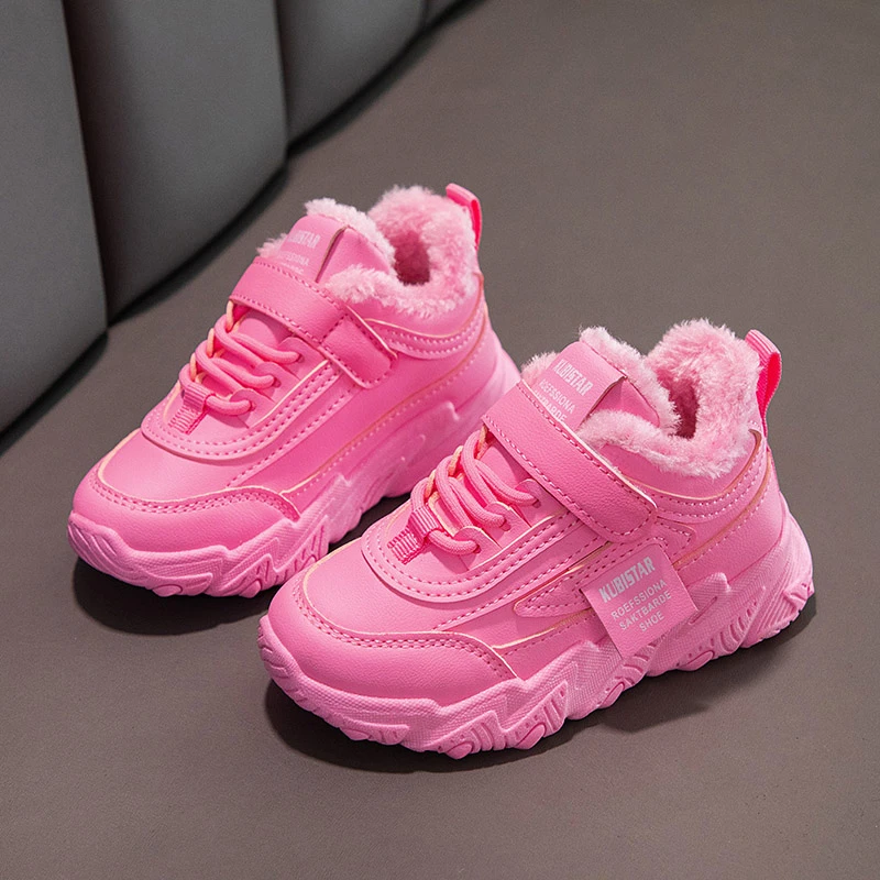 

Warm Kids Shoes for Girl Winter Fur Outdoor Running Baby Shoes Pink Comfortable Thick Bottom Sneakers Leather Kids Shoes 36-37
