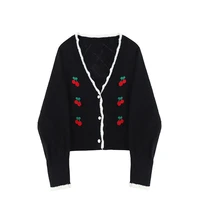 new cherry embroidery cardigans women beige spring autumn new lace black cardigan v neck long sleeve knitted coat loose sweater