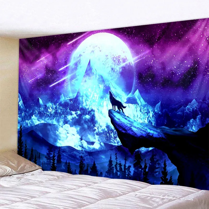 

Fantasy landscape tapestry starry sky wolf forest mushroom wall hanging bohemian wall decoration room decoration wall tapestry
