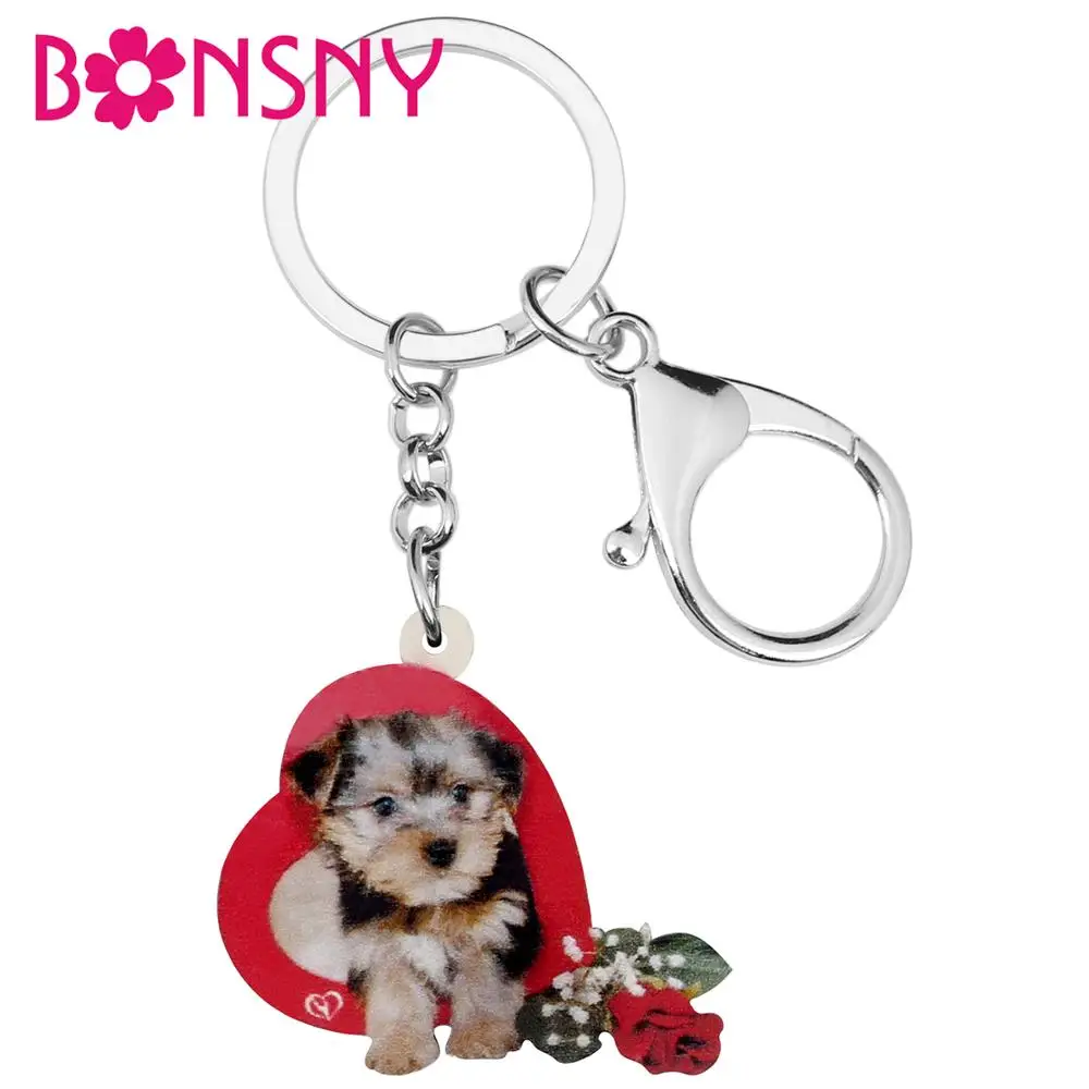 

Bonsny Acrylic Valentine's Day Rose Yorkshire Dog Key Chains Animal Key Rings For Women Girl Teen Bag Car Purse Decorations Gift