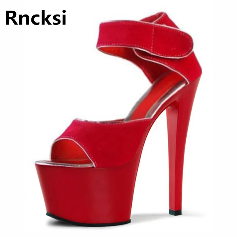 

Rncksi красного цвета женские пикантные босоножки на высоком каблуке 17 см прозрачные непромокаемые сандалии на платформе с открытым носком полюс платье для танцев Сандалии
