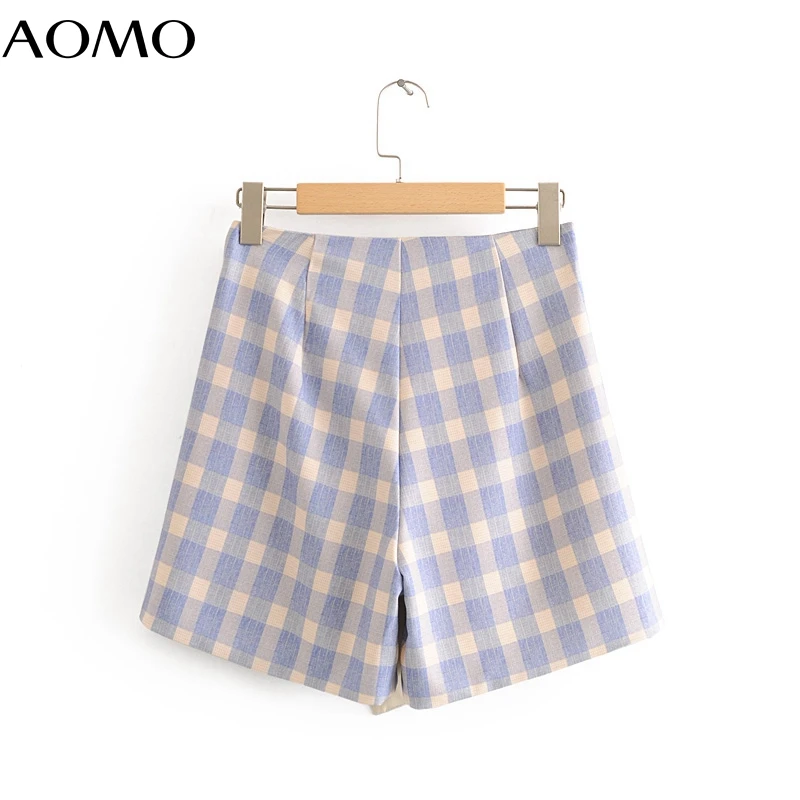 

AOMO women elegant plaid shorts tassels decorate side zipper pockets female retro casual shorts pantalones DA35A