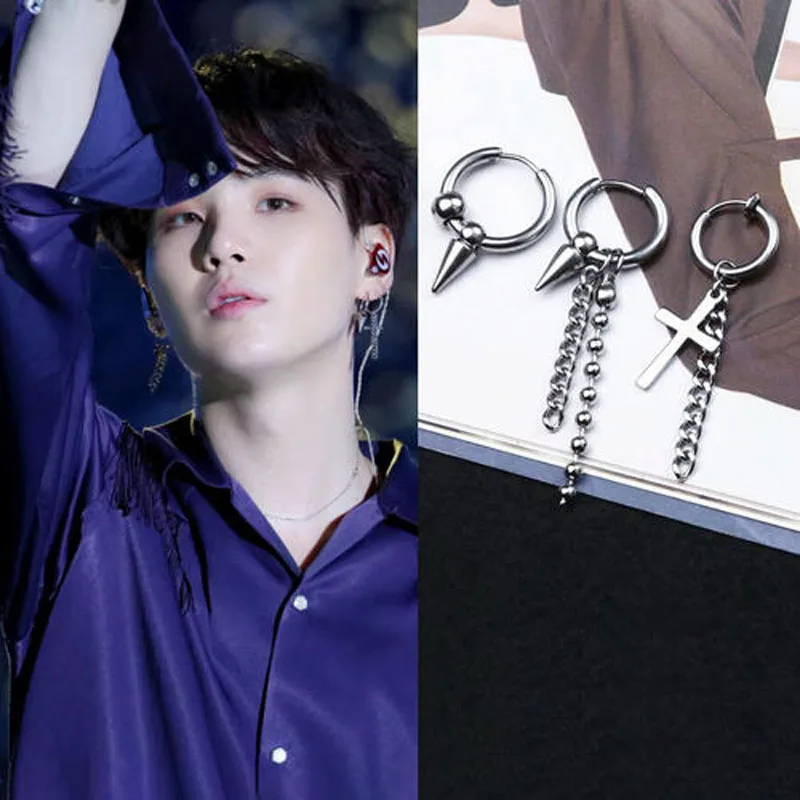 

2020 New Kpop Earrings Stainless Steel Chain Tassel Earrings for Women Punk Skull Pointed Cone Cross Men Earring Korean