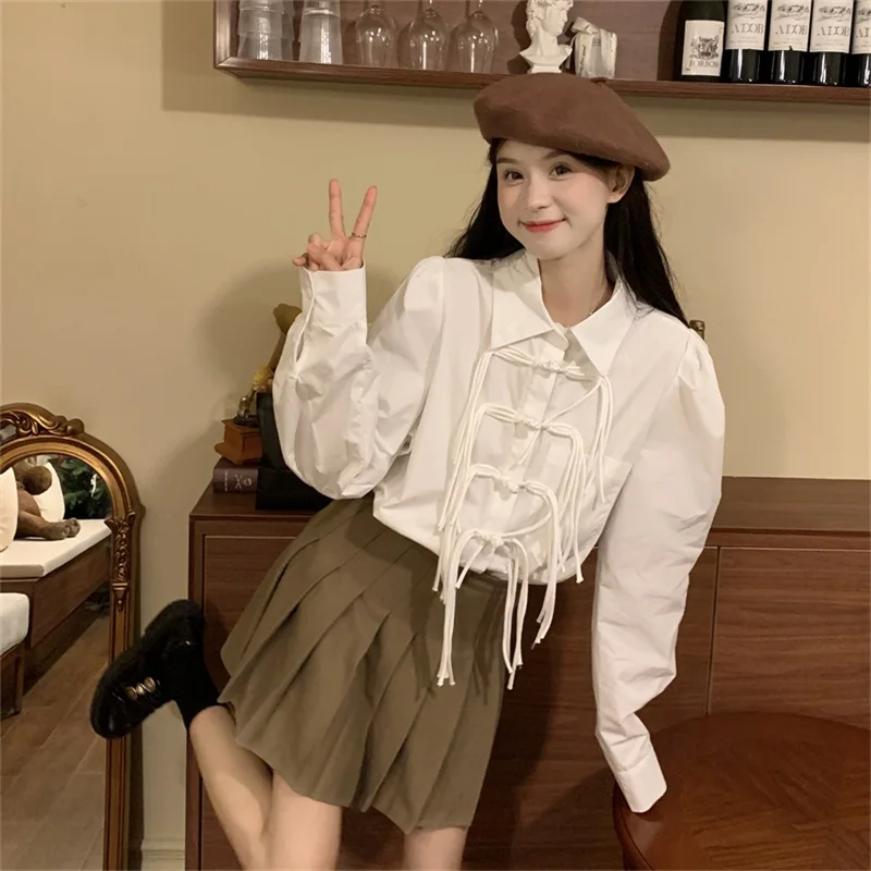 

Korean Preppy Style Sweet Girly Women Ruffles Blouse Shirt Kawaii Single-breasted Buckle Tassel Vintage Puff Sleeve Base Shirt