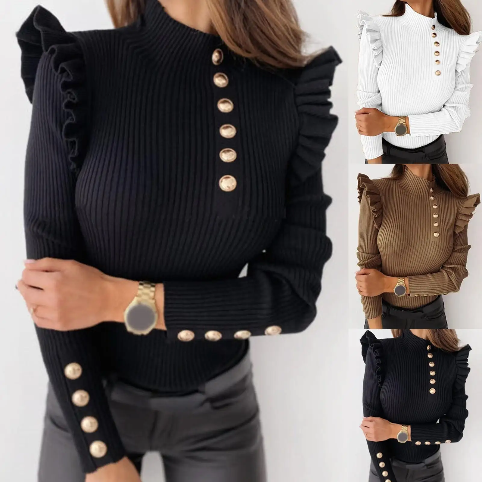 

Autumn Winter Women Tight Based Long Sleeve Knitwear Rib Blouse Turtleneck Buttons Ruffle Sweater Pullover