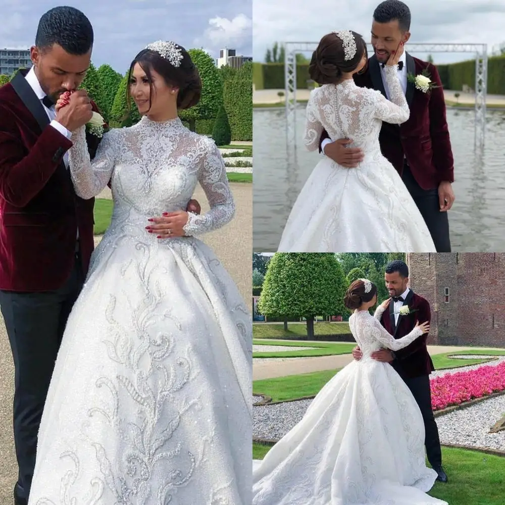 

Sparkly Beaded Arabic Muslim Wedding Dress Vintge High Collar Long Sleeves Lace Appliqued Plus Size Bridal Gowns Custom Made
