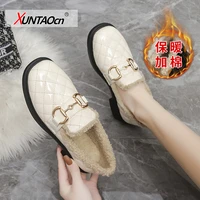 womens shoes leather shoes 2020 winter new fashion plus velvet warm casual casual thick heel metal buckle cotton shoes