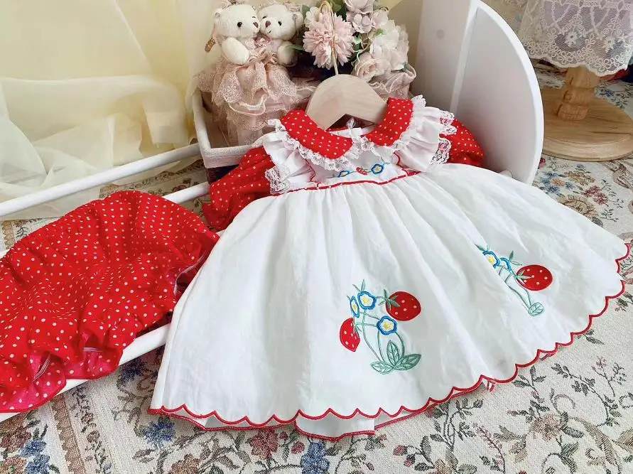 

2PCS Baby Girls Clothing Summer Vintage Red Strawberry Princess Dress with Pants Lace short sleeve Casual Dress for Girls Y3036