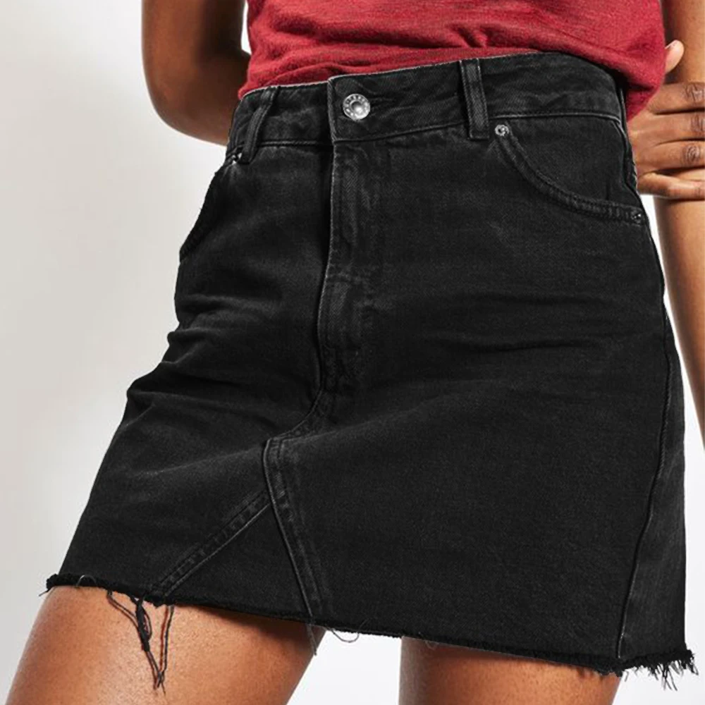 

Littlerossa Women Summer Black Blue Casual High Waist Pencil Denim Skirts High Street Pockets Button All-matched Jeans Skirt