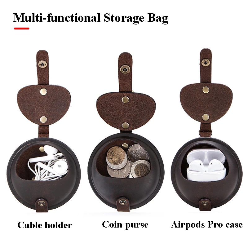 Genuine Leather Coin Purse Keychain Airpods Pro Case Samsung Galaxy buds live Case box Earphone Cable Cover Storage Mini Bag