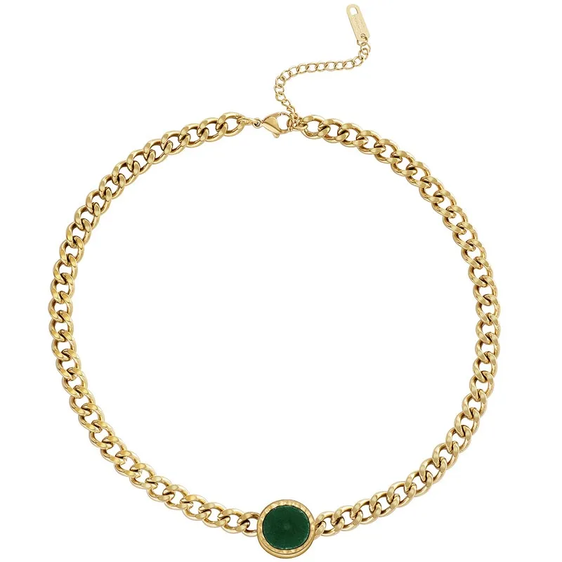 Ожерелье женское из нержавеющей стали выразительное колье с зеленым круглым