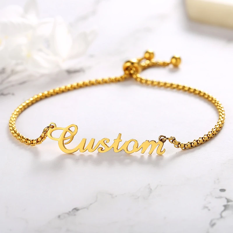

Name Bracelets for Women Customize Stainless Steel Jewelry Elegant Adjustable Box Chain BFF Nameplate Signature Birthday Gift