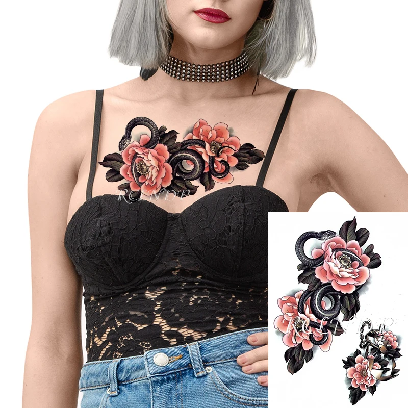Водостойкая Временная тату наклейка черная змея пион цветок металлическая