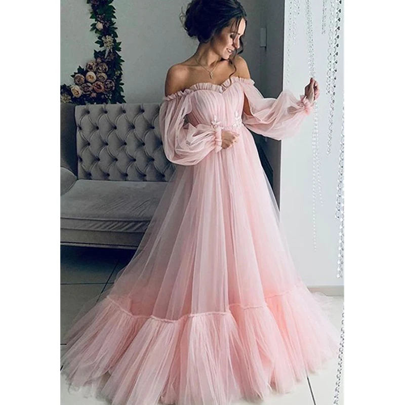 

2020 Pink Prom Dresses Off the Shoulder Sweetheart A Line Ruched Puff Sleeves Pleated Lace Up Lady Party Dress New Evening Gowns