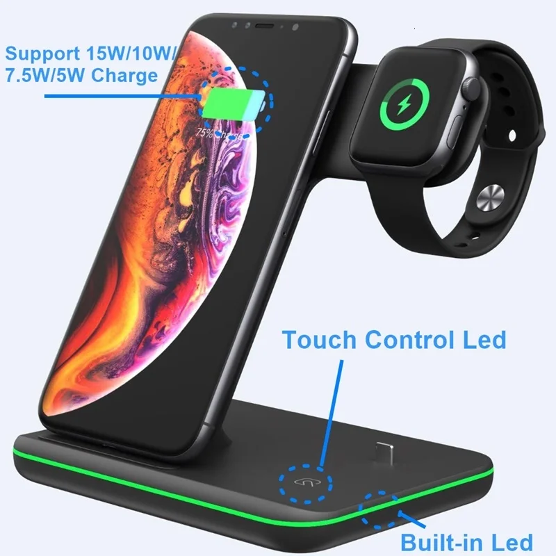 Беспроводная зарядная станция Qi 15 Вт для iPhone 11 Pro XS Max XR X 8 Fast 3 в 1 Подставка зарядки