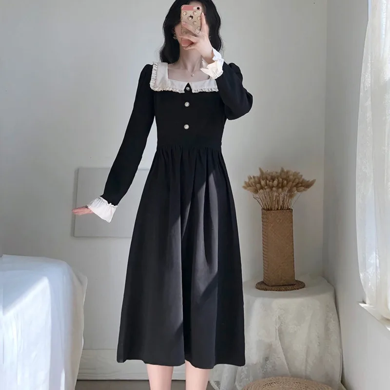 Осень с длинным рукавом темно-Черное женское кружевное Повседневное платье