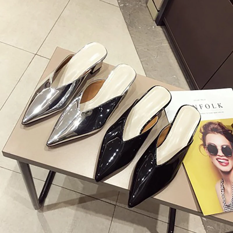 Женские мюли 2020 туфли с острым носком на низком каблуке Новые женские модные
