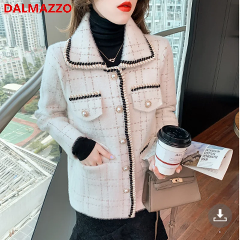 

Дамский модный норковый кашемировый клетчатый кардиган DALMAZZO, пальто, новинка, Осень-зима, Женская однобортная Свободная куртка с отложным воротником и карманами, пальто