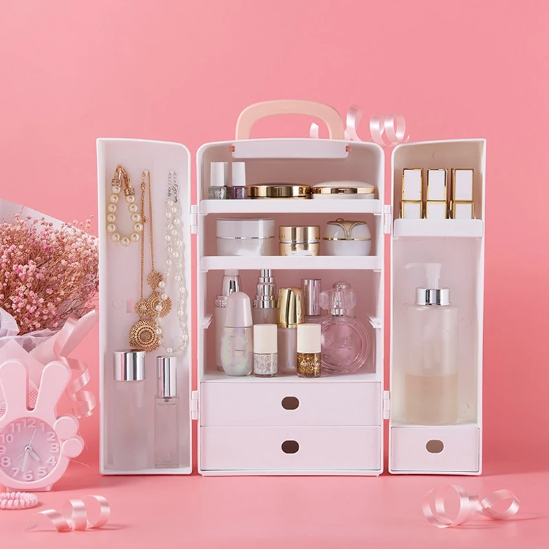 

Pink Portable Cosmetic Storage Box Home Dressing Table Desktop Storage Cabinet Large Capacity Skin Care Product Rack