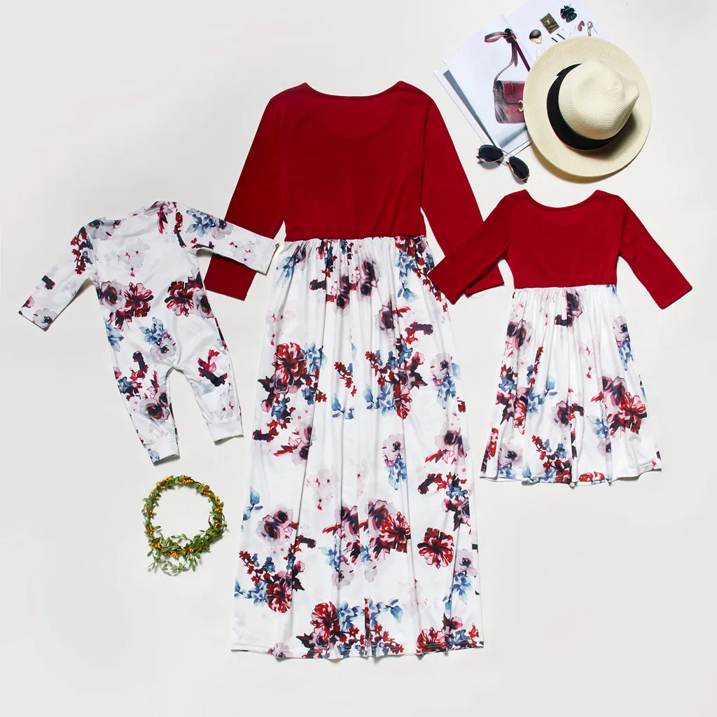 Платья для мамы и дочки женская одежда с длинными рукавами круглым вырезом