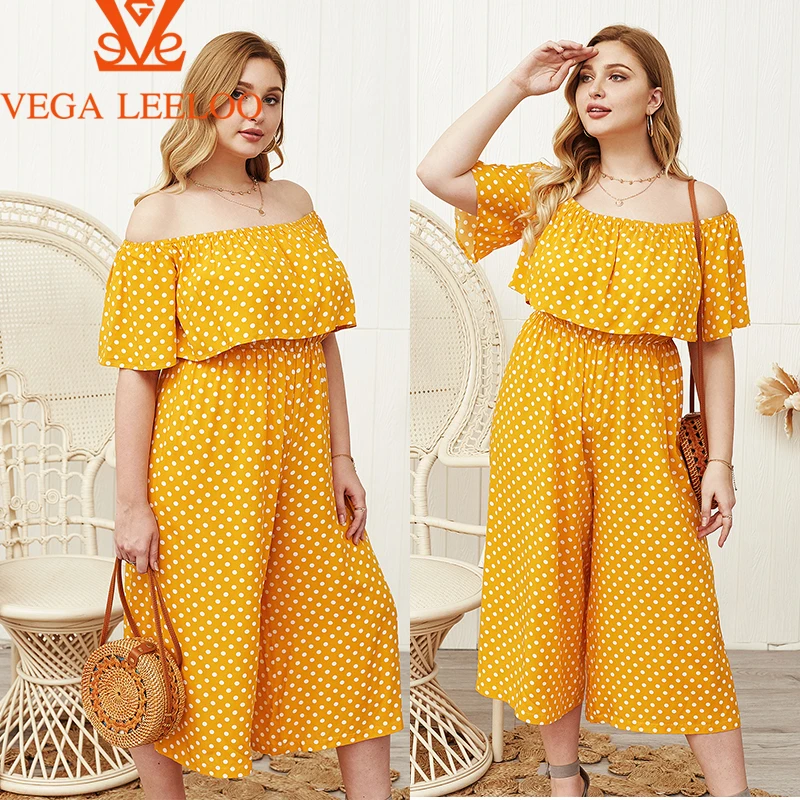 

Fashion Polka Dots Women Plus size 3XL 4XL Trendy Jumpsuit Summer Sleeveless Holiday Off-Shoulder Dress Trousers
