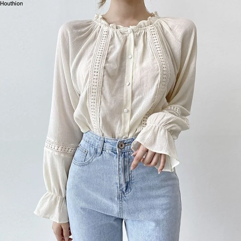 

Houthion New Women's blouse Fashion Tops Pure Color Stitching Casual shirt Korean Long-sleeved Ruffled Collar